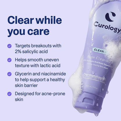 Curology 2% Salicylic Acid Face Wash for Acne Prone Skin, Cleanser with Lactic Acid, Niacinamide and Glycerin, Fragrance Free Daily Facial Cleanser, 150ml